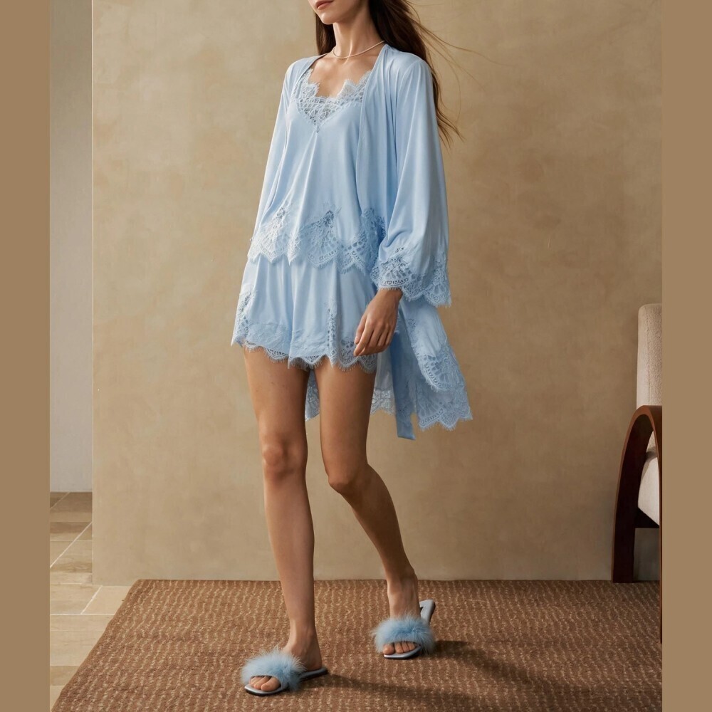 Sky Blue Lace Trim Spaghetti Strap Cami Top With Mini Shorts Pajama Set
